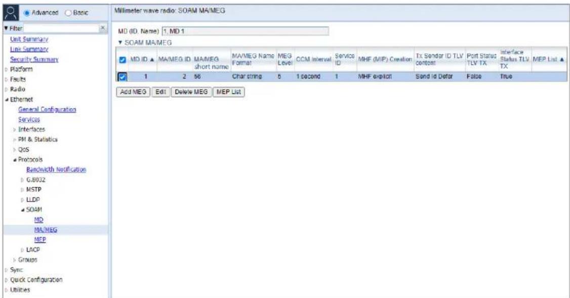 Millimeter wave radio: SOAM MA/MEG MD (ID, Name): 1, MD 1 SOAM MA/MEG MD ID ▲ MAMEG ID MAMEG short name MA/MEG Name Format MEG Level CCM Interval Service ID MHF (M/P) Creation Tx Sendar ID TLV content Port Status TLV TX Interface Status TLV TX MEP List ▲ 1 2 56 Char string 5 1 second 1 MHF explicit…