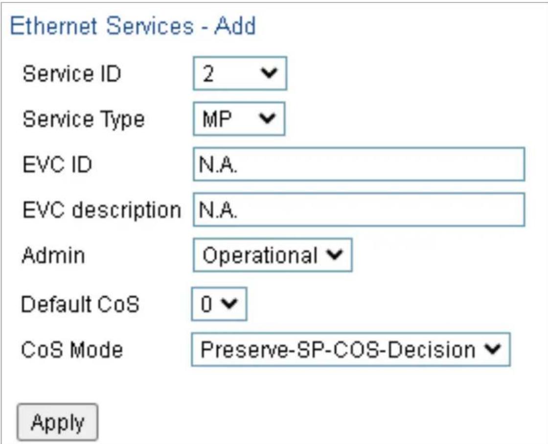Ethernet Services - Add Service ID 2 Service Type MP EVC ID N.A. EVC description N.A. Admin Operational Default CoS 0 CoS Mode Preserve-SP-COS-Decision Apply