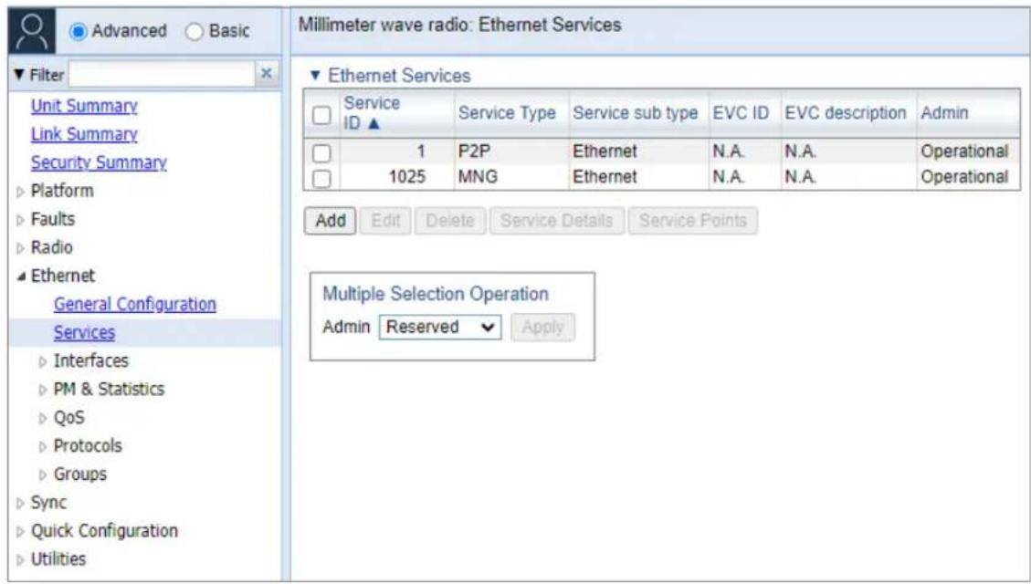 Millimeter wave radio: Ethernet Services ▼ Ethernet Services □ Service ID ▲ Service Type Service sub type EVC ID EVC description Admin □ 1 P2P Ethernet N.A. N.A. Operational □ 1025 MNG Ethernet N.A. N.A. Operational Add Edit Delete Service Details Service Points Multiple Selection Operation Admin Re…