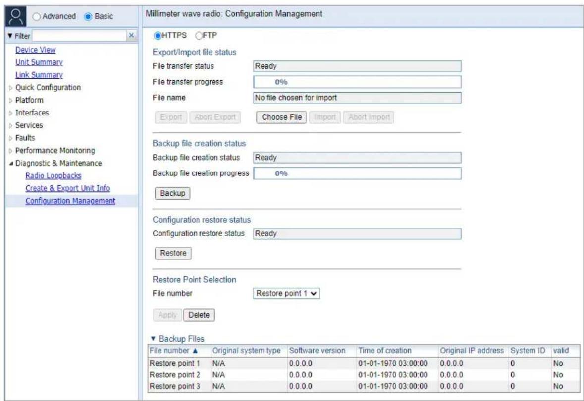 Millimeter wave radio: Configuration Management HTTPS FTP Export/Import file status File transfer status Ready File transfer progress 0% File name No file chosen for import Export Abort Export Choose File Import Abort Import Backup file creation status Backup file creation status Ready Backup file c…
