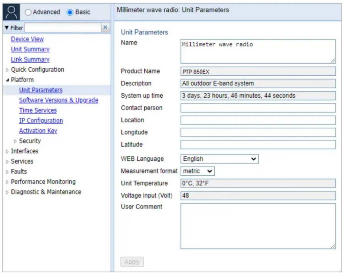 Millimeter wave radio: Unit Parameters Unit Parameters Name Millimeter wave radio Product Name PTP 850EX Description All outdoor E-band system System up time 3 days, 23 hours, 46 minutes, 44 seconds Contact person Location Longitude Latitude WEB Language English Measurement format metric Unit Temper…