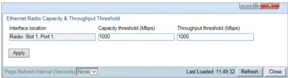 Ethernet Radio Capacity & Throughput Threshold Interface location Capacity threshold (Mbps) Throughput threshold (Mbps) Radio: Slot 1, Port 1 1000 1000 Apply Page Refresh Interval (Seconds) None Last Loaded: 11:49:32 Refresh Close