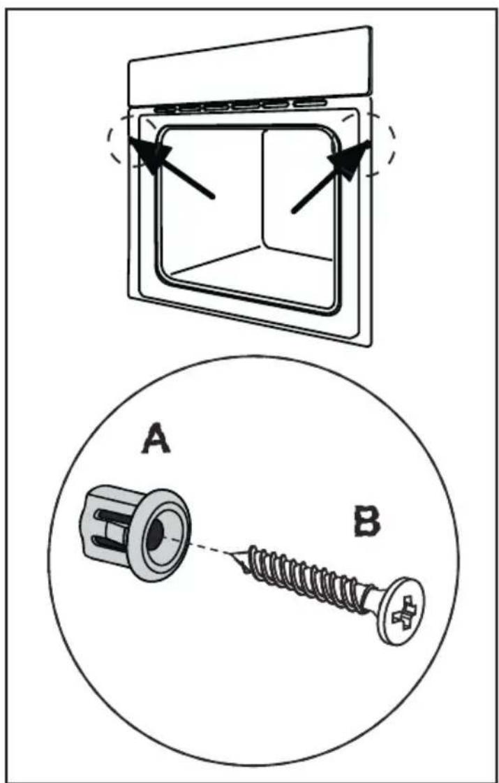 Technical diagram showing a door opening with arrows indicating direction, and a close-up of a screw being inserted into a housing component labeled A and B.