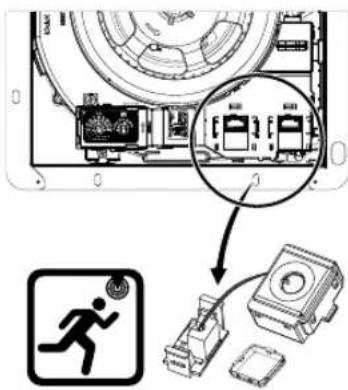 Diagram showing device rear panel with labeled components and a warning sign for running motion