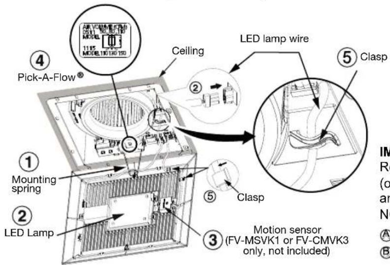 Pick-A-Flow® Mounting spring LED Lamp Ceiling LED lamp wire Clasp Motion sensor (FV-MSVK1 or FV-CMVK3 only, not included) ① ② ③ ④ ⑤ ⑥ IM R (or an No A B