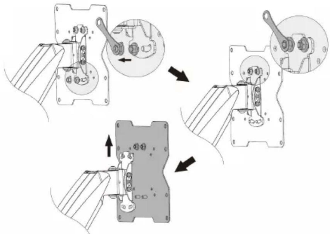 Technical diagram illustrating mechanical assembly steps with labeled components and directional arrows indicating motion.