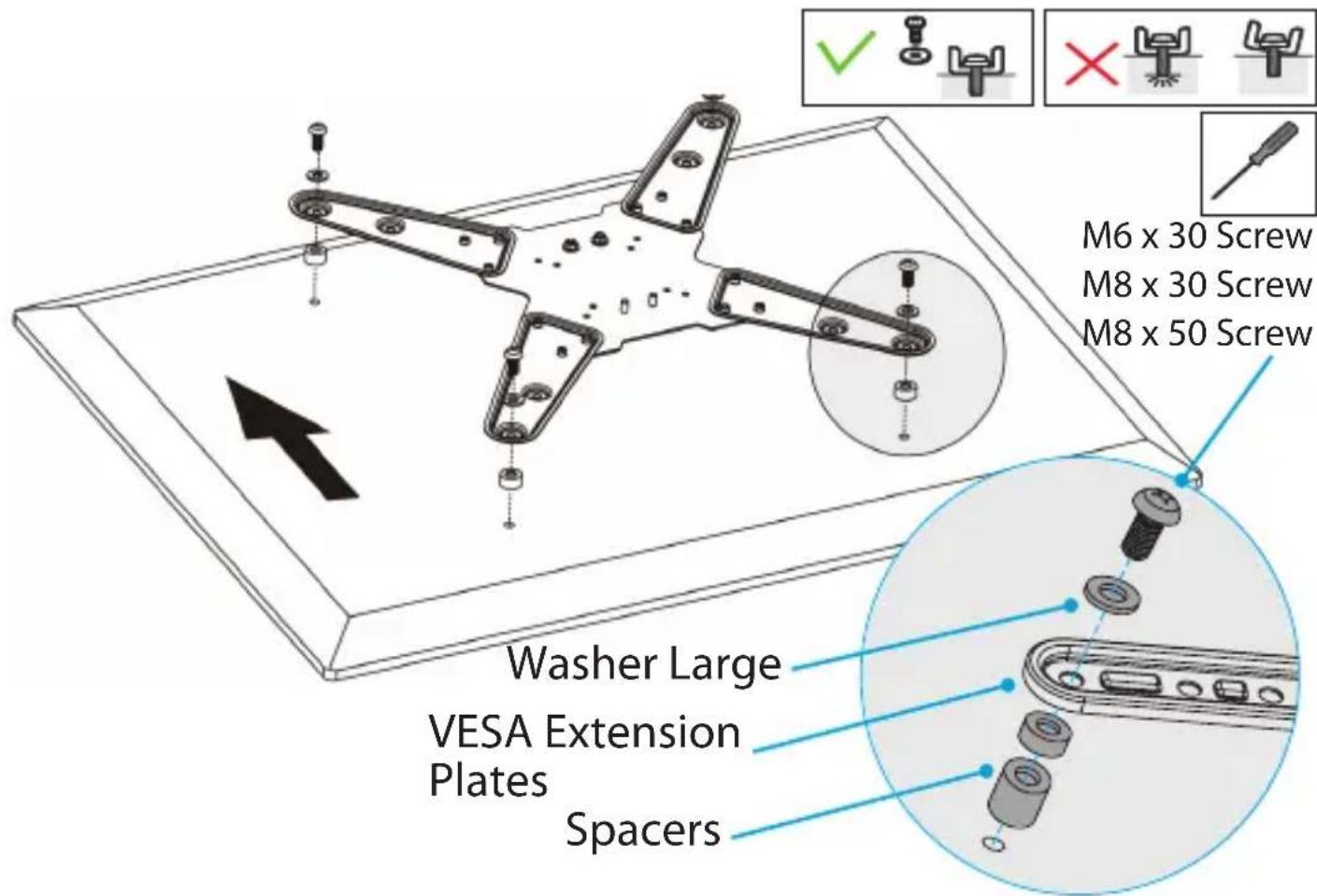 M6 x 30 Screw M8 x 30 Screw M8 x 50 Screw Washer Large VESA Extension Plates Spacers