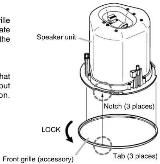 Speaker unit Notch (3 places) LOCK Front grille (accessory) Tab (3 places)