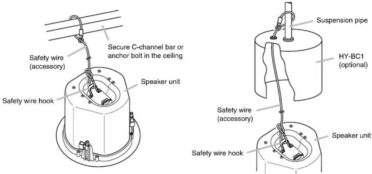 Safety wire (accessory) Secure C-channel bar or anchor bolt in the ceiling Speaker unit Safety wire hook Suspension pipe HY-BC1 (optional) Safety wire (accessory) Speaker unit Safety wire hook
