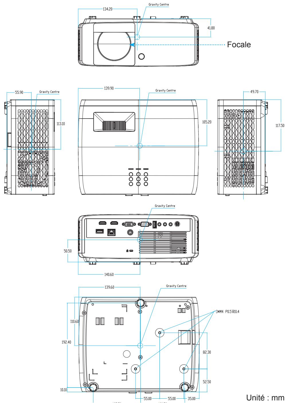 OPTOMA HZ41HDR - Dimensions du projecteur et installation au plafond - 1
