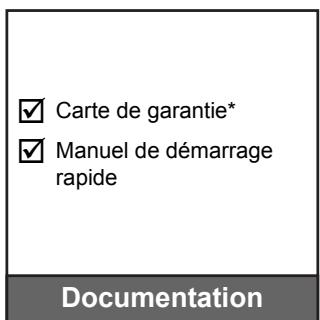 ✓ Carte de garantie* ✓ Manuel de démarrage rapide Documentation