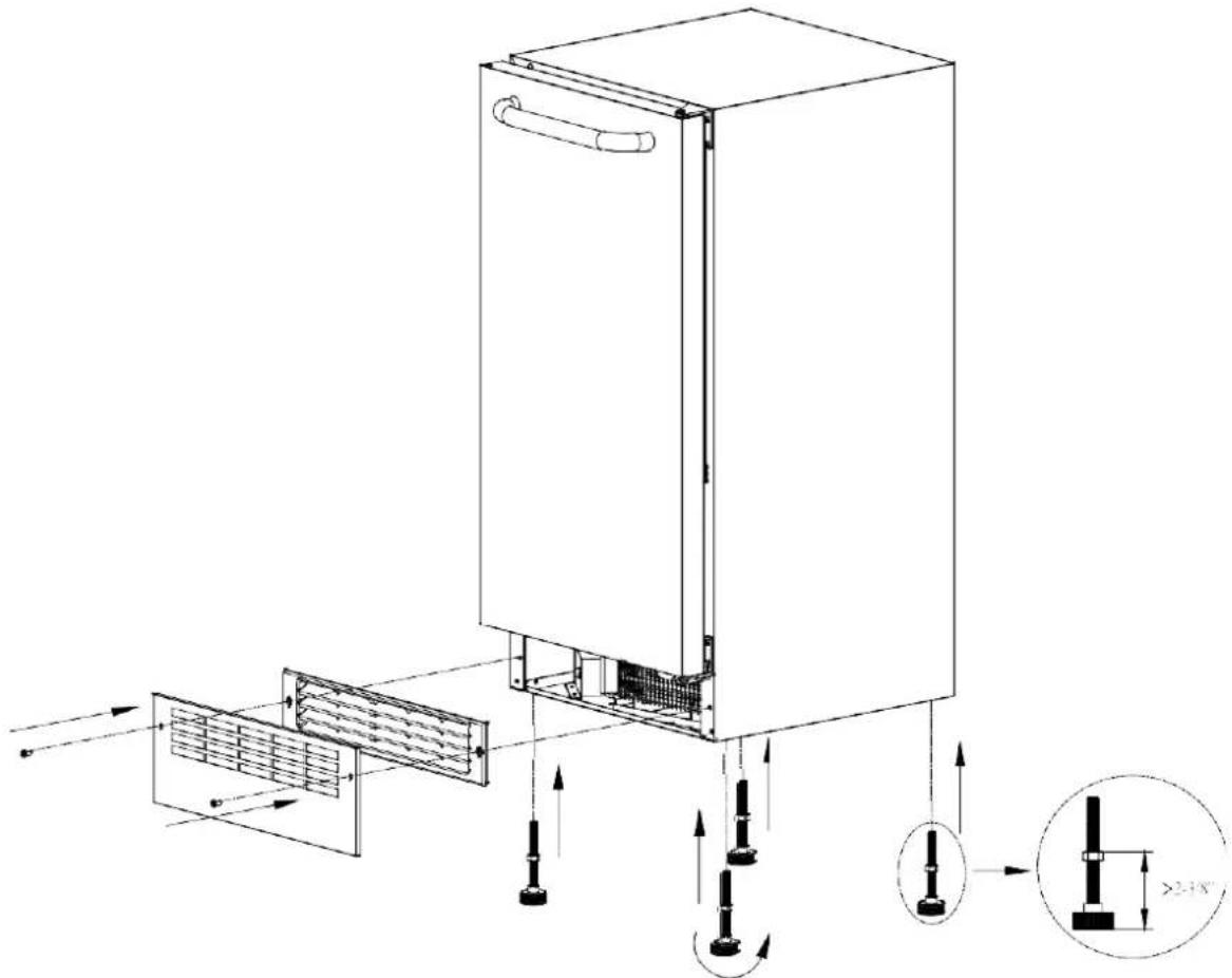 Technical diagram of a refrigerator with airflow and component layout, including dimension annotations