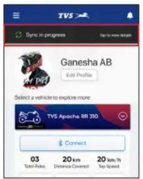 TVS Sync in progress Top to more details Ganesha AB Edit Profile Select a vehicle to explore more TVS Apache RR 310 Connect 03 Total Miles 20 km Distance Covered 20 km/h Top Speed