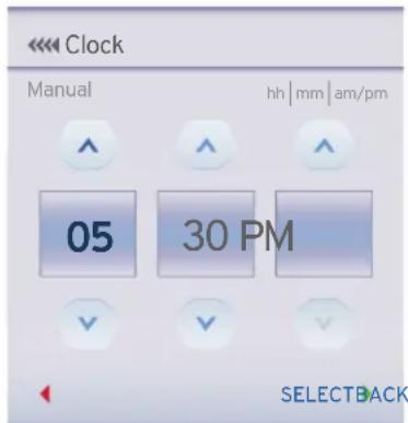 << Clock Manual hh | mm | am/pm 05 30 PM SELECTBACK