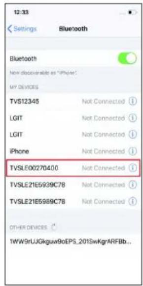 12:33 Settings Bluetooth Bluetooth Now doctoxable as "iPhone?" MY DEVICES TVS12345 Not Connected ⓘ LGIT Not Connected ⓘ LGIT Not Connected ⓘ iPhone Not Connected ⓘ TVSLE00270400 Not Connected ⓘ TVSLE21E5939C78 Not Connected ⓘ TVSLE21E5989C78 Not Connected ⓘ OTHER DEVICES TWW9rUJGkguw9oEPS_201SwKgrARFBb...