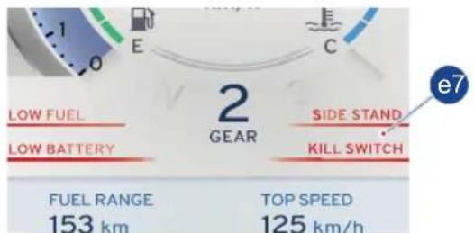 LOW FUEL LOW BATTERY FUEL RANGE 153 km 2 GEAR SIDE STAND KILL SWITCH TOP SPEED 125 km/h