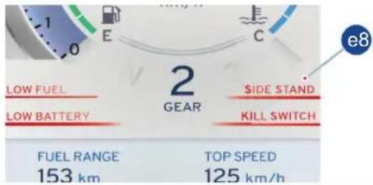 LOW FUEL LOW BATTERY FUEL RANGE 153 km TOP SPEED 125 km/h 2 GEAR SIDE STAND KILL SWITCH e8