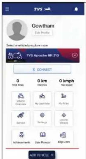 TVS Gowtham Edit Profile Select a vehicle to explore more TVS Apache RR 310 $ CONNECT 0 Total Rides 0 km Outdoors 0 kmph Top Speed Vehicle Overview My Lost Rate My Rules Service Settings Locked Vehicle Achievements User Manual Digit Docs ADD VEHICLE + 0 kmph