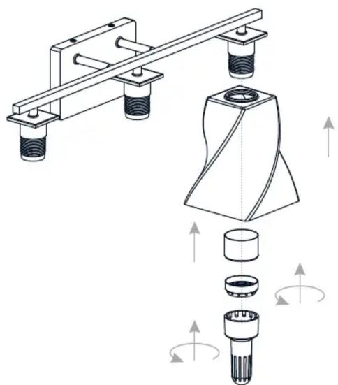 Technical diagram of a mechanical assembly with exploded view and rotation arrows (no text or symbols)