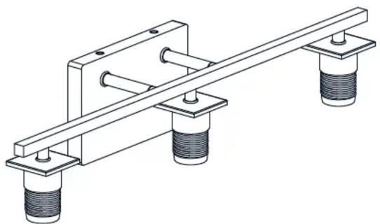 Technical line drawing of a mechanical support system with three cylindrical components and a central linear beam (no text or symbols)