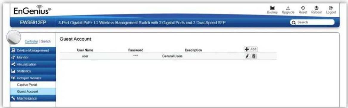 EnGenius® EWS5912FP 8-Port Gigabit PoE+ L2 Wireless Management Switch with 2 Gigabit Ports and 2 Dual-Speed SFP BackUp Upgrade Reset Reboot Logout Search Controller | Switch Guest Account User Name Password Description Add user **** General Users