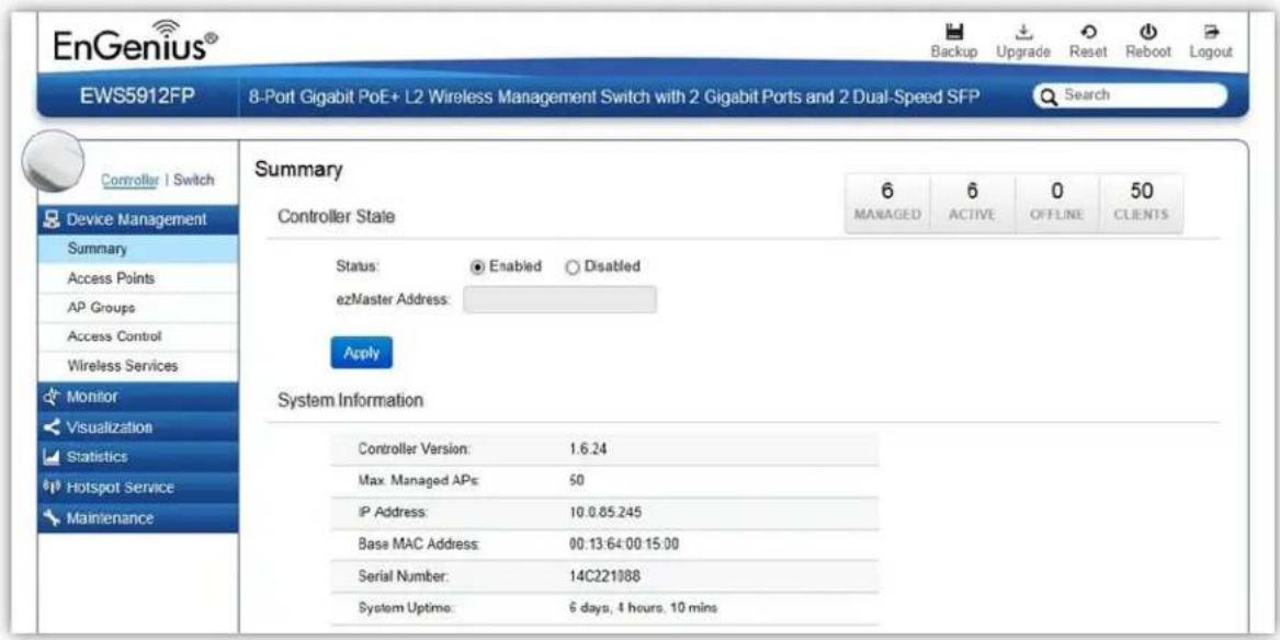 EnGenius® Backup Upgrade Reset Reboot Logout EWS5912FP 8-Port Gigabit PoE+ L2 Wireless Management Switch with 2 Gigabit Ports and 2 Dual-Speed SFP Search Controller | Switch Device Management Summary Access Points AP Groups Access Control Wireless Services Monitor Visualization Statistics Hotspot Se…