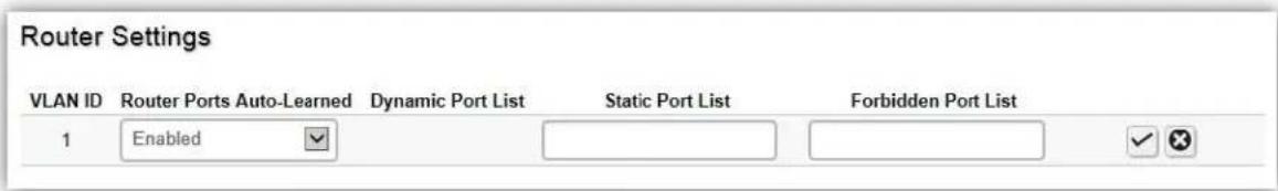 Router Settings VLAN ID Router Ports Auto-Learned Dynamic Port List Static Port List Forbidden Port List 1 Enabled