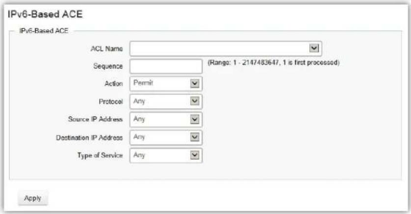 IPv6-Based ACE IPv6-Based ACE ACL Name Sequence (Rango: 1 - 2147483647, 1 is first processed) Action Permit Protocol Any Source IP Address Any Destination IP Address Any Type of Service Any Apply