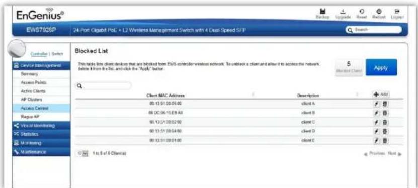 EnGenius® EW67929P 24-Port Oligabit PoE + L2 Wireless Management Switch with 4 Dual Speed SFP Batch | Switch Blocked List This table lists client devices that are blocked from EWS controller wireless network. To unlock a client and allow it to access the network below it from the file, and click the…