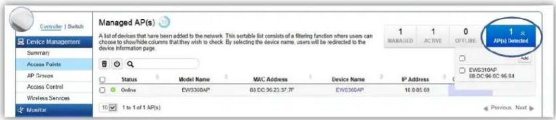 Controller | Switch Device Management Summary Access Points AP Groups Access Control Wireless Services Monitor Managed AP(s) A list of devices that have been added to the network. This sortable list consists of a filtering function where users can choose to show/hide columns that they wish to check.…