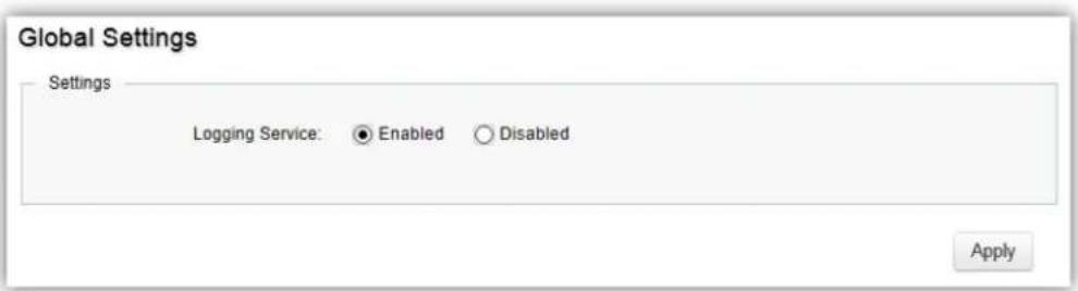 Global Settings Settings Logging Service: ● Enabled ○ Disabled Apply