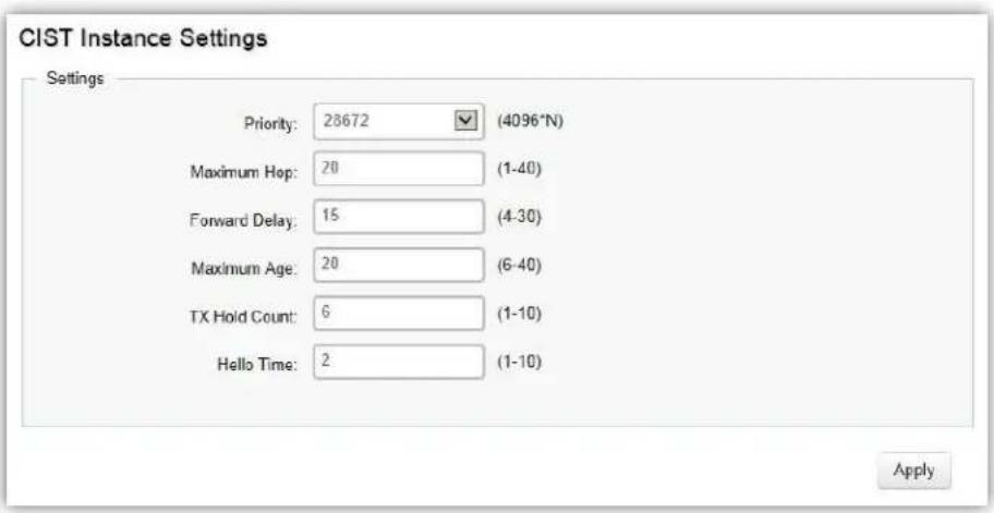CIST Instance Settings Settings Priority: 23672 (4096°N) Maximum Hop: 20 (1-40) Forward Delay: 15 (4-30) Maximum Age: 20 (6-40) TX Hold Count: 6 (1-10) Hello Time: 2 (1-10) Apply