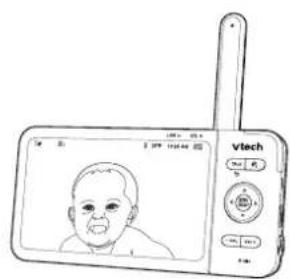 Line drawing of a Vtech mobile phone displaying a baby's face with a screen and control buttons