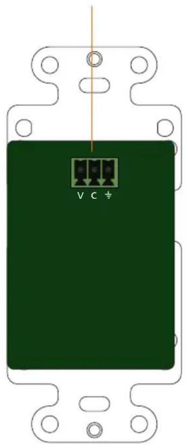 Green rectangular electronic component with three labeled pins (V, C) and mounting holes, no readable text or symbols beyond the label.