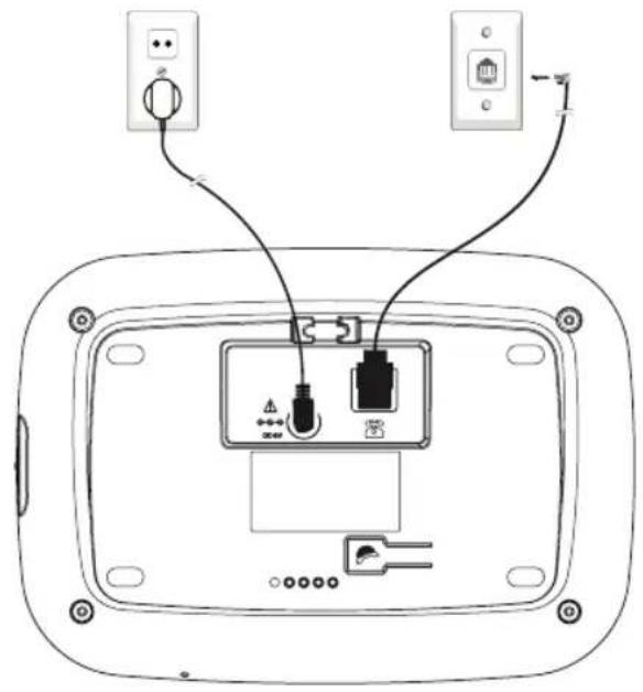 Diagram of a device rear panel with labeled components and wiring connections