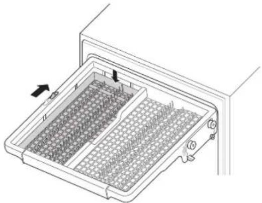 Diagram of a two-part storage tray with mesh patterns, showing internal structure and directional arrow (no text or symbols)