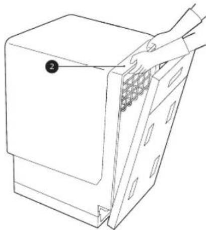 Line drawing of a computer case with a hand inserting a grid into the case (no text or symbols)