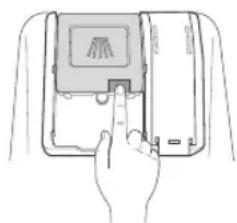 Line drawing of a hand pressing a button on a device panel (no text or symbols visible)