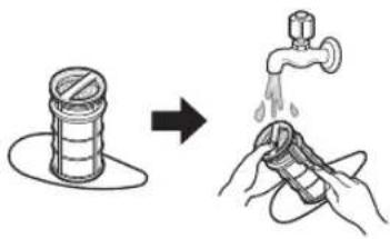 Diagram illustrating a hand washing a faucet with water, showing the process from a cylindrical component to a hand holding a tool.