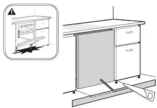 Diagram of a kitchen cabinet with a saw and a side view showing a rack-mounted cabinet (no text or symbols present)