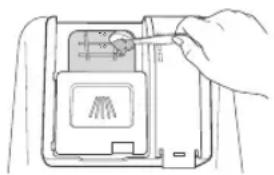 Line drawing of a hand inserting a card into a device (no text or symbols visible)
