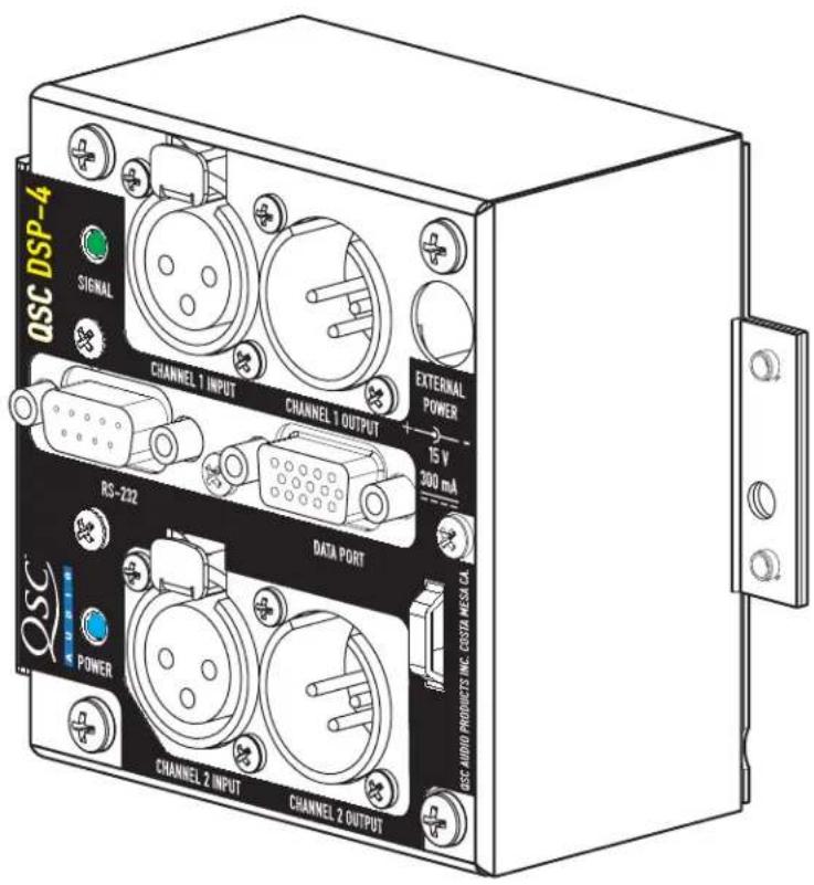 QSC DSP-4 SIGNAL CHANNEL 1 INPUT CHANNEL 1 OUTPUT EXTERNAL POWER 15 V 300 mA RS-222 DATA PORT QSC AUDIO PRODUCTS INC. COSTA MESA CL POWER CHANNEL 2 INPUT CHANNEL 2 OUTPUT