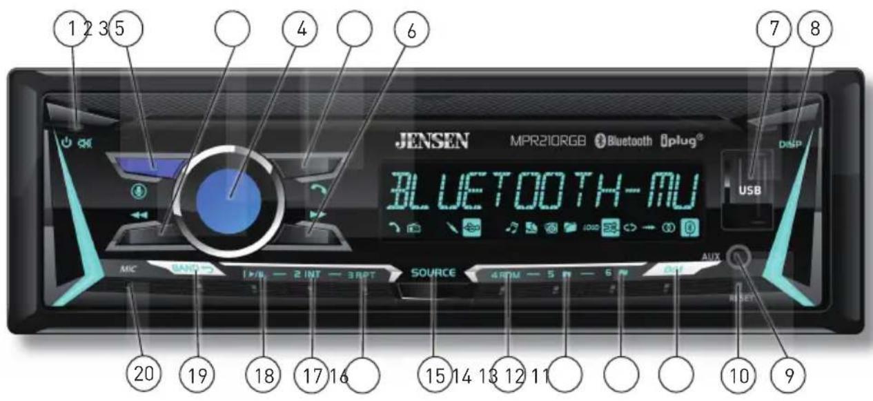 1 2 3 5 4 6 JENSEN MPR210RGB Bluetooth Oplug® BLUETOO TH-MU USB MIC BAND 17/8 - 2 INT - 3 RPT SOURCE 4 RM - 5 - 6 ON AUX 20 19 18 17 16 15 14 13 12 11 10 9