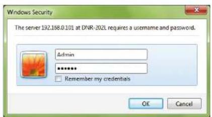 Windows Security The server 192.168.0.101 at DNR-202L requires a username and password. Admin ****** Remember my credentials OK Cancel