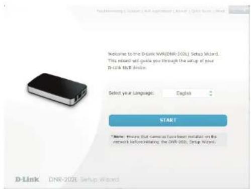 Welcome to the D-Link NVR(DNR-2021). Setup Wizard. This wizard will guide you through the setup of your D-Link NVR device. Select your Language: English START * Note: Ensure that Camera has been installed on the network before initiating. The DNR-2021. Setup Wizard.