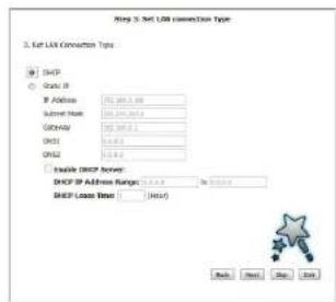 Step 3. Set USB conversion Type 2. Set USB Conversion Type SNDP Grid 8 IP Address: 100 MHz Subnet Mask: 100 MHz Color/Gray: 100 MHz OKI: 0.0000 OKI2: 0.0000 Enable drive Server DHCP IP Address Range: 100 MHz to 100 MHz DHCP Load Time: (Max) Back Next Stop Exit