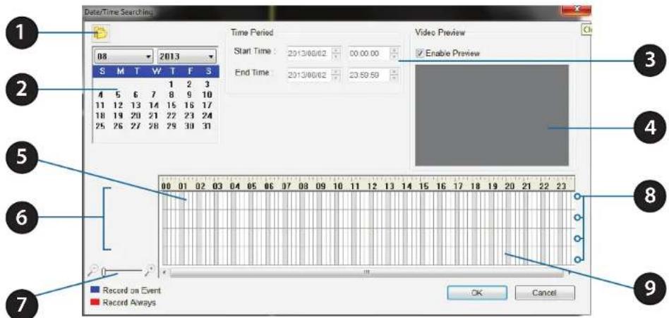 Data/Time Searching 08 2013 S M T W T F S 1 2 3 4 5 6 7 8 9 10 11 12 13 14 15 16 17 18 19 20 21 22 23 24 25 26 27 28 29 30 31 Time Period Start Time: 2013/00/02 00:00:00 End Time: 2013/00/02 20:50:50 Video Preview Enable Preview Record on Event Record Always OK Cancel