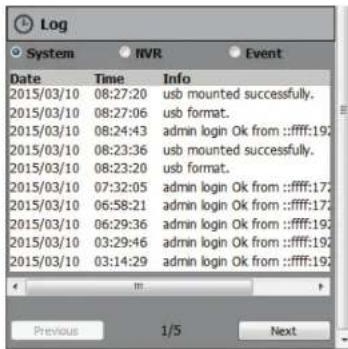 Log System NVR Event Date Time Info 2015/03/10 08:27:20 usb mounted successfully. 2015/03/10 08:27:06 usb format. 2015/03/10 08:24:43 admin login Ok from :ffff:192 2015/03/10 08:23:36 usb mounted successfully. 2015/03/10 08:23:20 usb format. 2015/03/10 07:32:05 admin login Ok from :ffff:172 2015/03/10 06:58:21 admin login Ok from :ffff:172 2015/03/10 06:29:36 admin login Ok from :ffff:192 2015/03/10 03:29:46 admin login Ok from :ffff:192 2015/03/10 03:14:29 admin login Ok from :ffff:192 Previous 1/5 Next