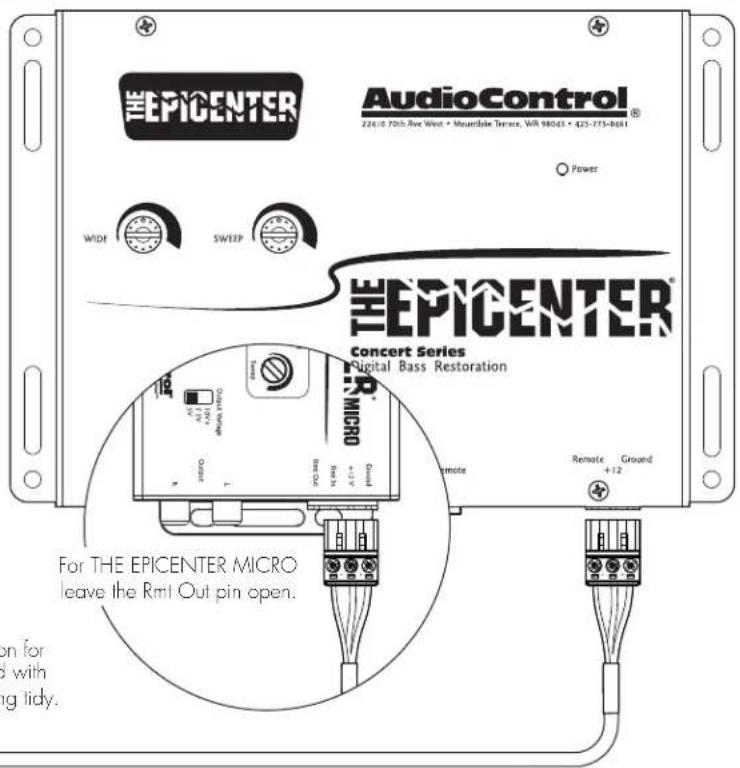 EPICENTER AudioControl® 224/10 70th Ave Wet • Mountainie Terence, WR 98061 • 425-773-8641 Power WIDE SWEEP EPICENTER® Concert Series Digital Bass Restoration IPICRO N-PR A+/-+ PUMA RPM A+/-+ PUMA Remote Ground +12 For THE EPICENTER MICRO leave the Rml Out pin open. on for with ing tidy.