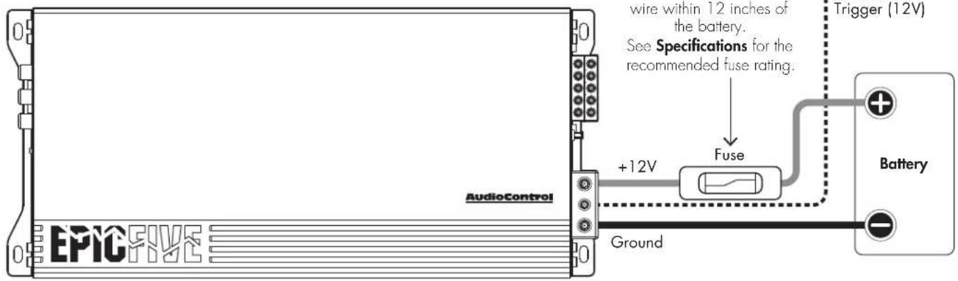 wire within 12 inches of the battery. See Specifications for the recommended fuse rating. Trigger (12V) AudioControl +12V Fuse Ground Battery EPICFIVE